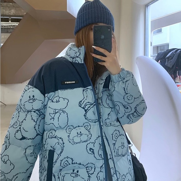 Cartoon Bear Print Oversized Jacket Loose Crop Puffer and Korean Knitted Beanie - Picture 3 of 14